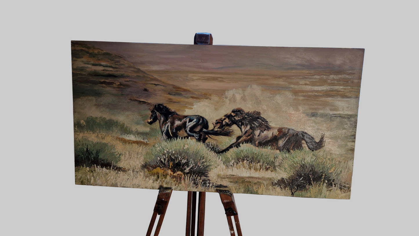 Original oil on board wild horses